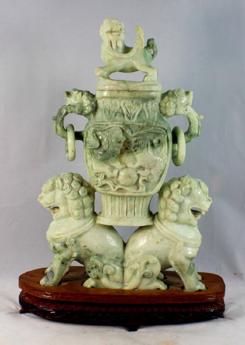 Chinese Carved Jade Incense Burner w,Wood Base (1 of 10)