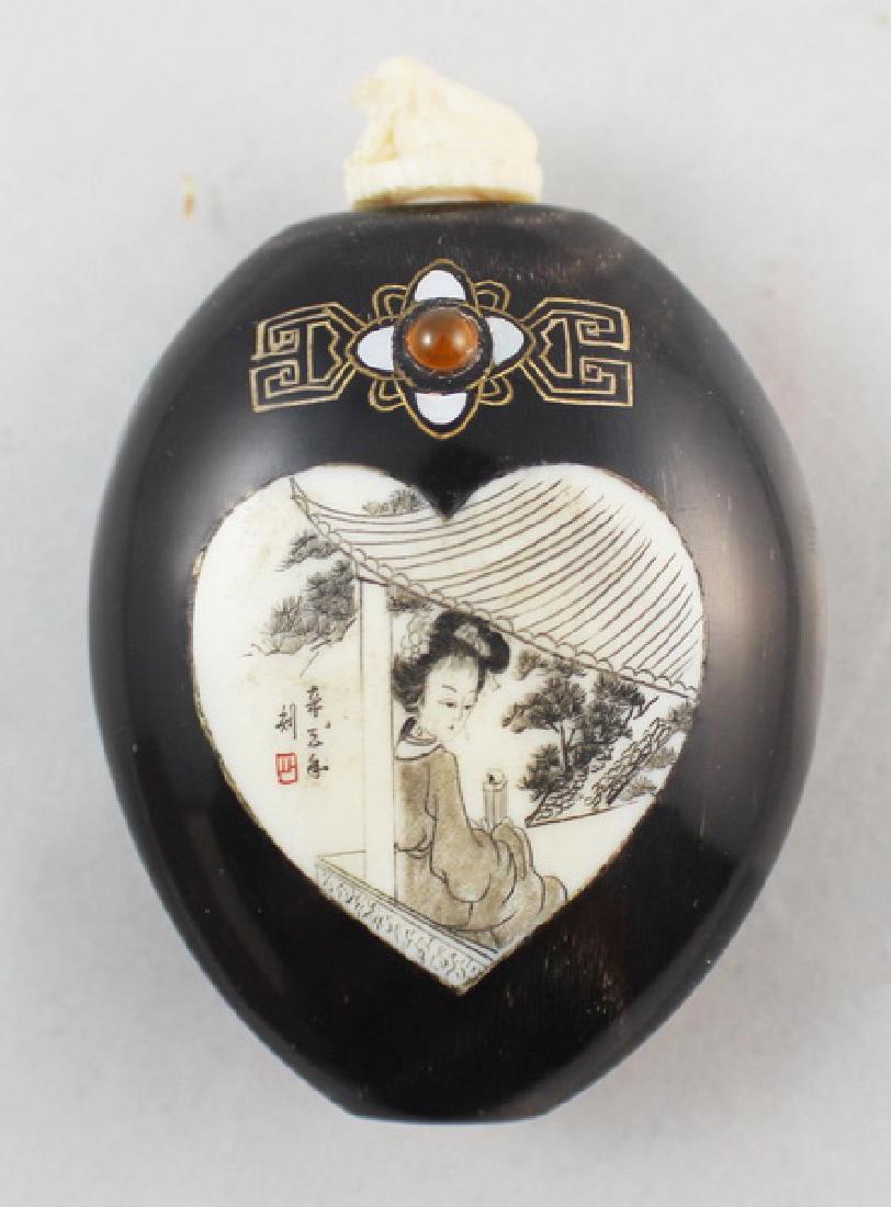 Chinese Carved Horn Snuff Bottle w,Box (1 of 10)