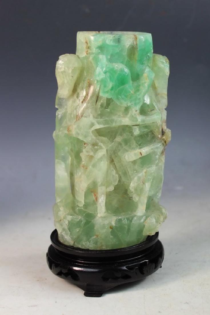 Chinese Carved Crystal Brush Pot w/Wood Stand (1 of 8)