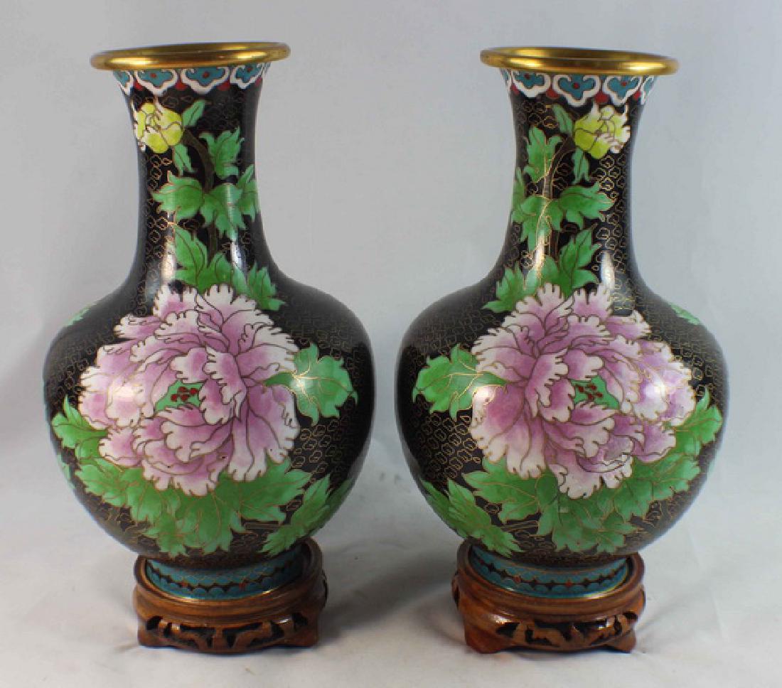Pair Of Chinese Cloisonne Vases w,Wood Base (1 of 6)