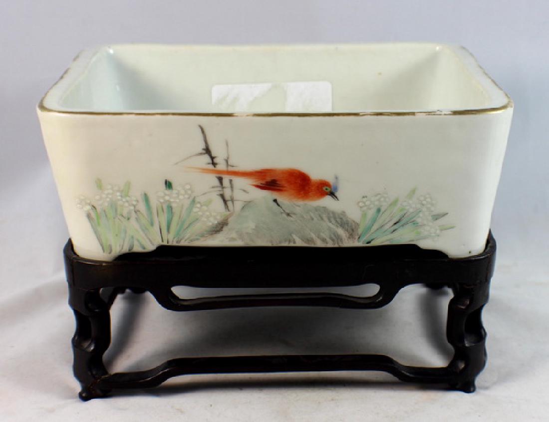 Antique Chinese Porcelain Brush Washer w, Wood Stand. (1 of 10)