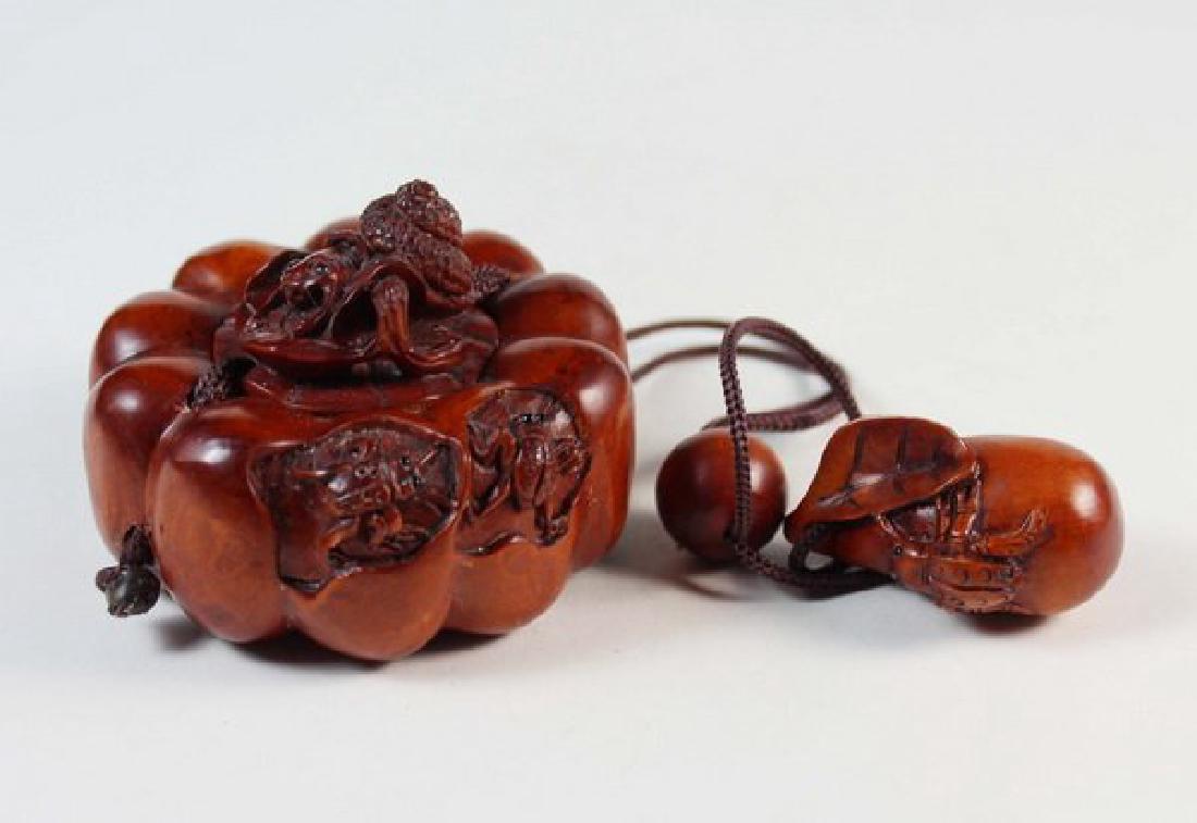 Japanese Antique Wooden INRO With Netsuke: H:2",D:2.75".