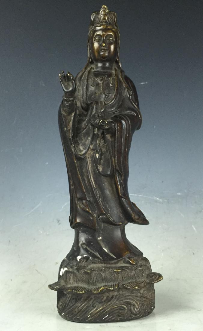 11" Carved Bronze Buddha Sculpture Guanyin on Lotus (1 of 5)