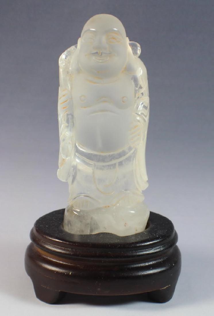 Chinese Carved Crystal Statue Of Buddha w,Wood Base (1 of 6)