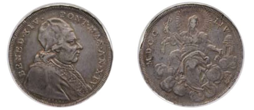 Stato Pontificio - Benoit XIV 1740 - 1758 Scudo, : ITALY Stato Pontificio - Benoit XIV 1740 - 1758 Scudo, 1754. Silver, Dav 1459, VF30.