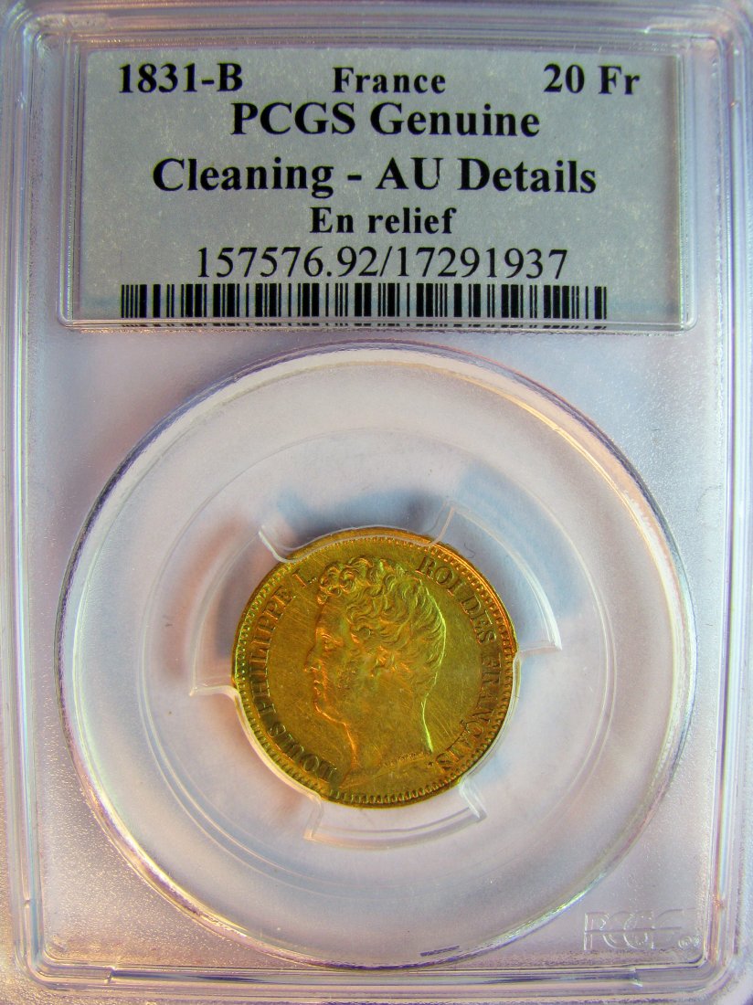 France: Louis Philippe I / 1830 - 1848 / 20 Francs (tranche relief) / 1831 B / Gold / 6.45 g / KM 746.2