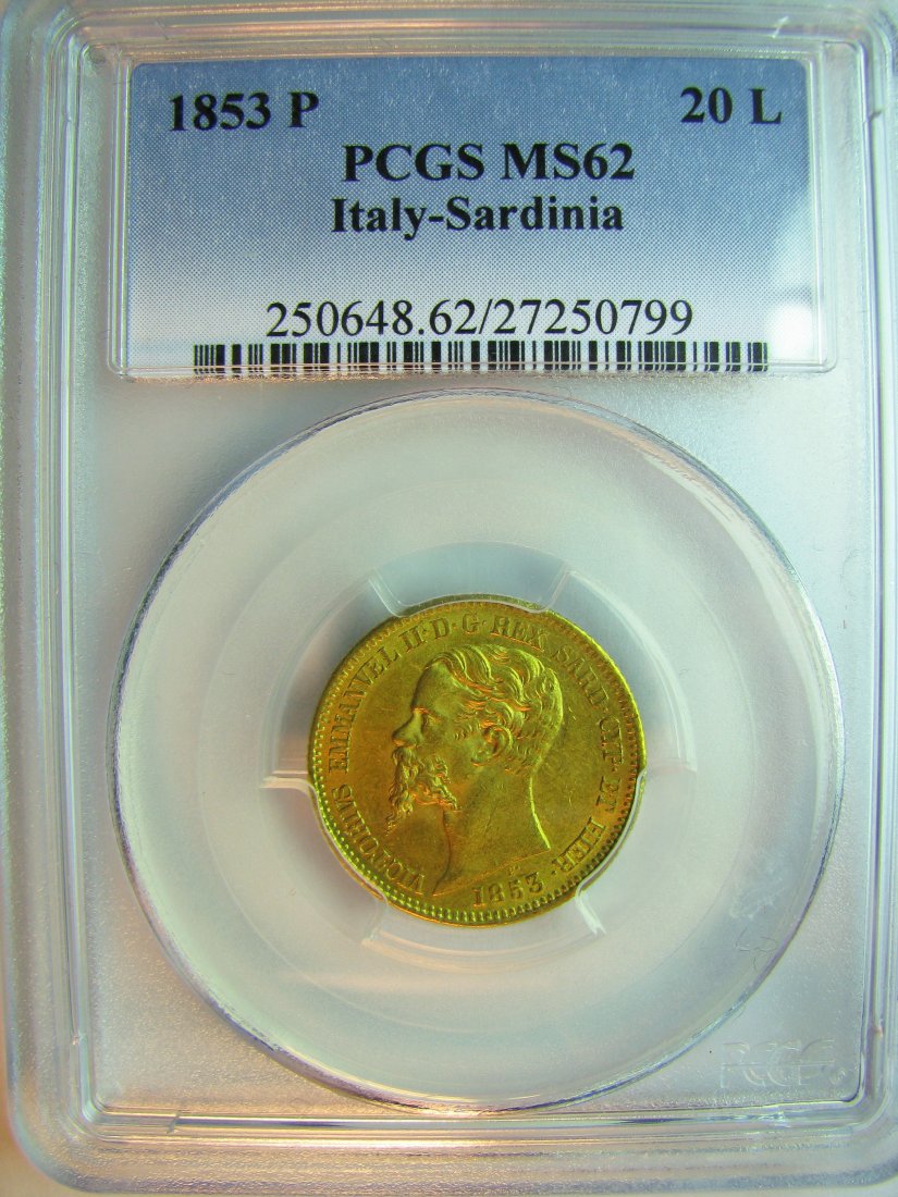 Italy: Sardinia / Victorio Emmanuel II / 1849 - 1878 / 20 Lire / 1853(P) Genes / Gold / 6.45 g / KM 126.1