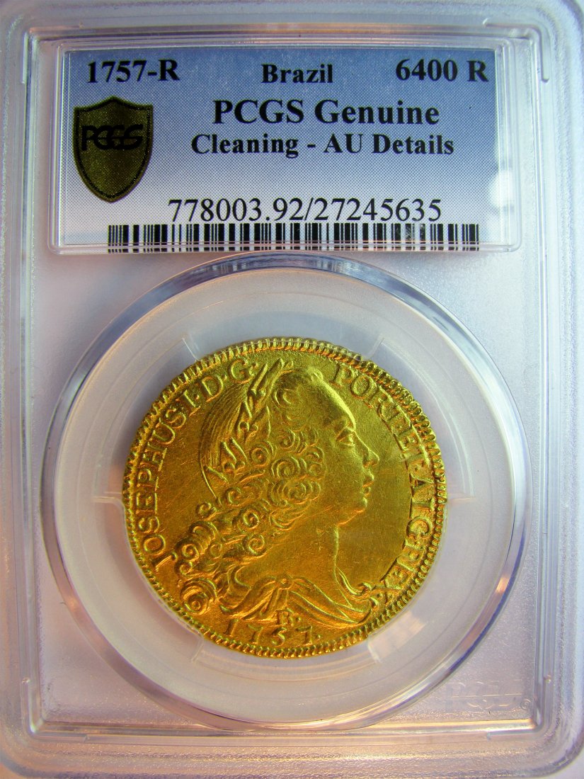 Brazil: Jose I / 1750 - 1777 / 6400 Reis / 1757 R / Gold / 14.34 g / KM 172.2 / Silva 263