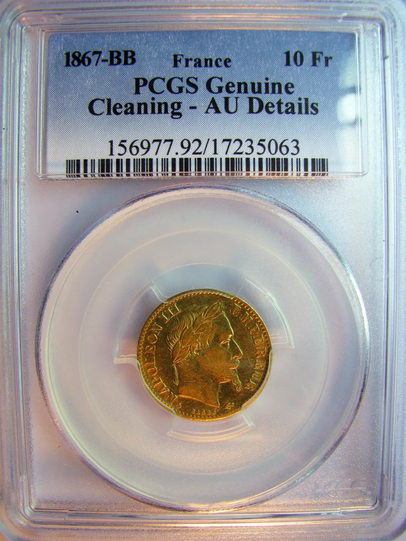 France: Second empire / 1852 - 1870 / 10 Francs tete lauree / 1867 BB / Gold / 3.22 g / KM 800.2 / Gad 1015
