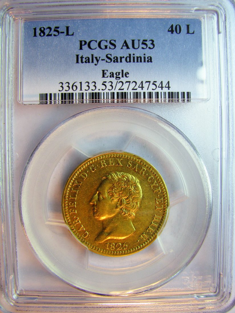 Italy: Sardinia - Charles Felix / 1821 - 1831 / 40 Lire / 1825(L) Turin / Gold / 12.9 g / KM C107.1 / R1