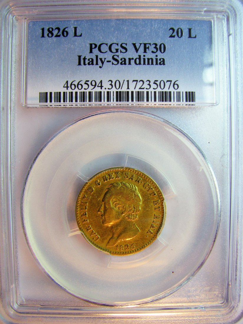 Italy: Sardinia - Charles Felix / 1821 - 1831 / 20 Lire / 1826(L) Turin / Gold / 6.45 g / KM C106.1