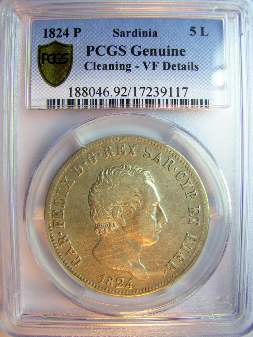 Italy: Sardinia - Charles Felix / 1821 - 1831 / 5 Lire / 1824(P) Genes / Silver / 25 g / KM C105.2 / R3