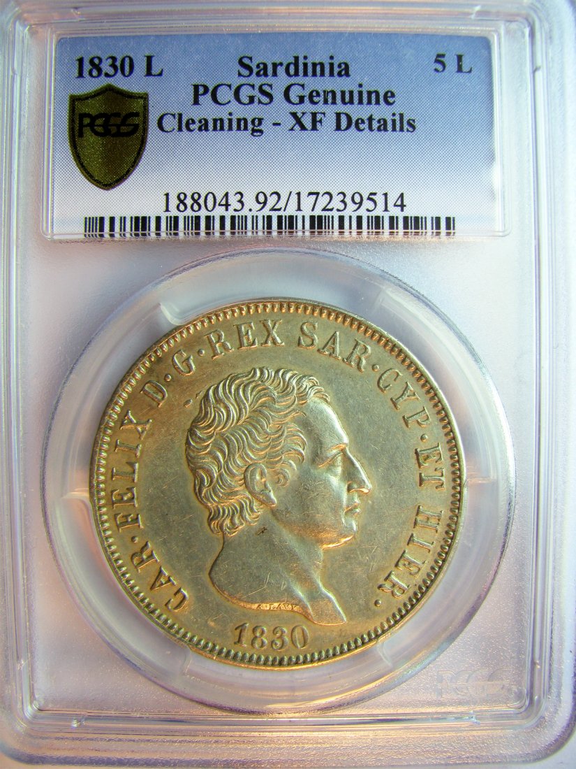 Italy: Sardinia - Charles Felix / 1821 - 1831 / 5 Lire / 1830(L) Turin / Silver / 25 g / KM C105.1