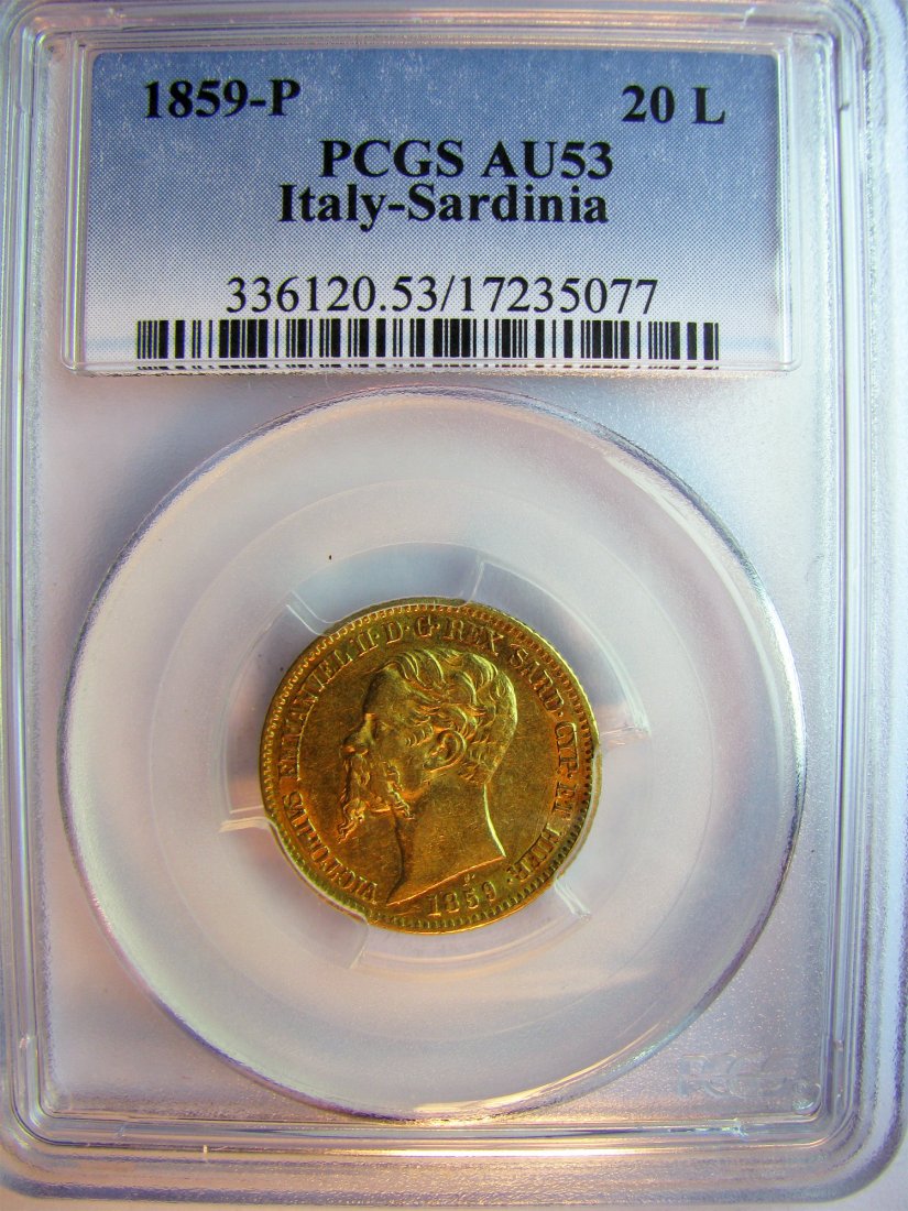 Italy: Sardinia - Victorio Emmanuel II / 1849 - 1878 / 20 Lire / 1859(P) Genes / Gold / 6.45 g / KM C126.1