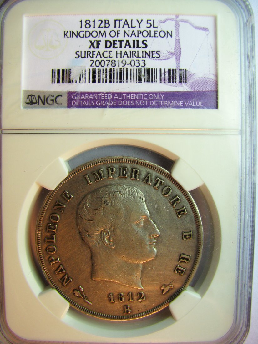 Italy: Napoleon Empereur / 1804 - 1814 / 5 Lire / 1812 B / Silver / 25 g / KM 10.9
