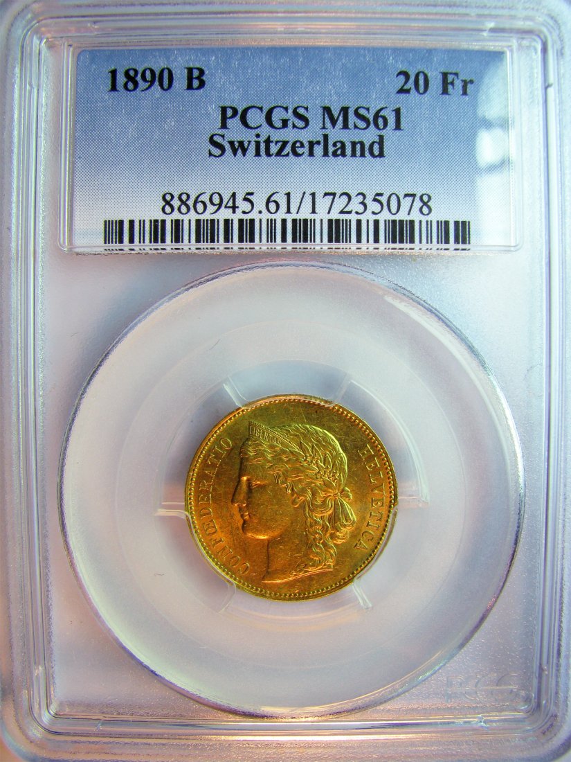 Switzerland: Confederation / 20 Francs / 1890 B / Gold / 6.45 g / KM 31.3