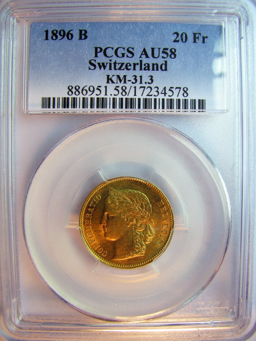 Switzerland: Confederation / 20 Francs / 1896 B / Gold / 6.45 g / KM 31.3