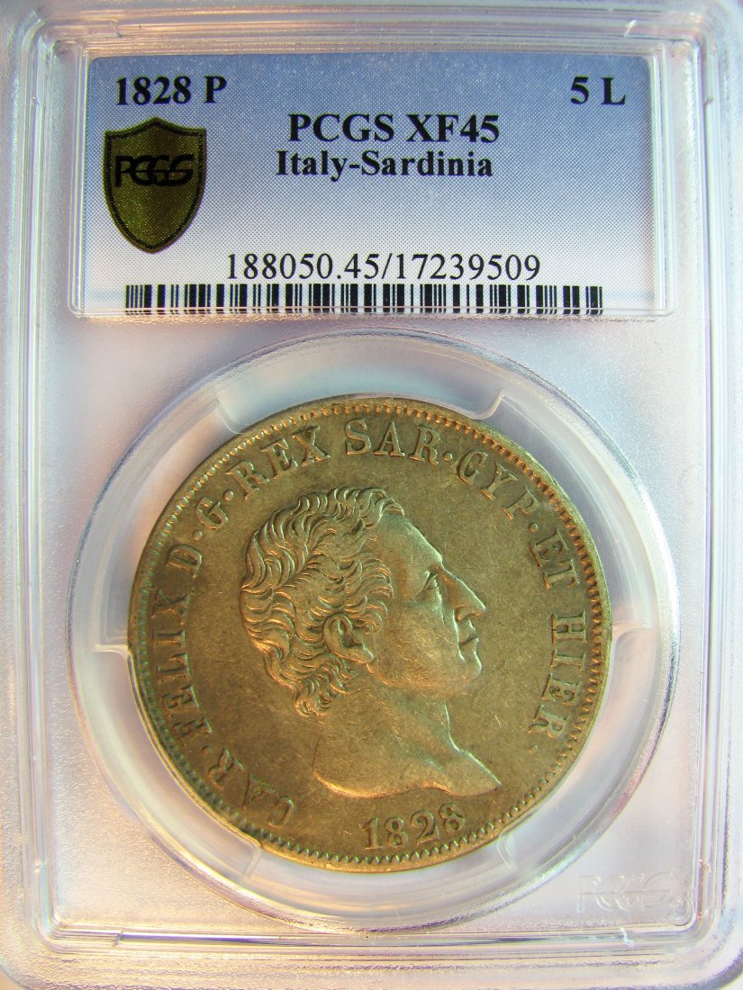 Italy: Sardinia - Charles Felix / 1821 - 1831 / 5 Lire / 1828 Genes / Silver / 25 g / KM 105.2