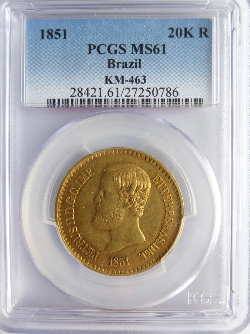 Brazil: Pedro II / 1831 - 1889 / 20000 Reis / 1851 / Gold / 17.93 g / KM 463