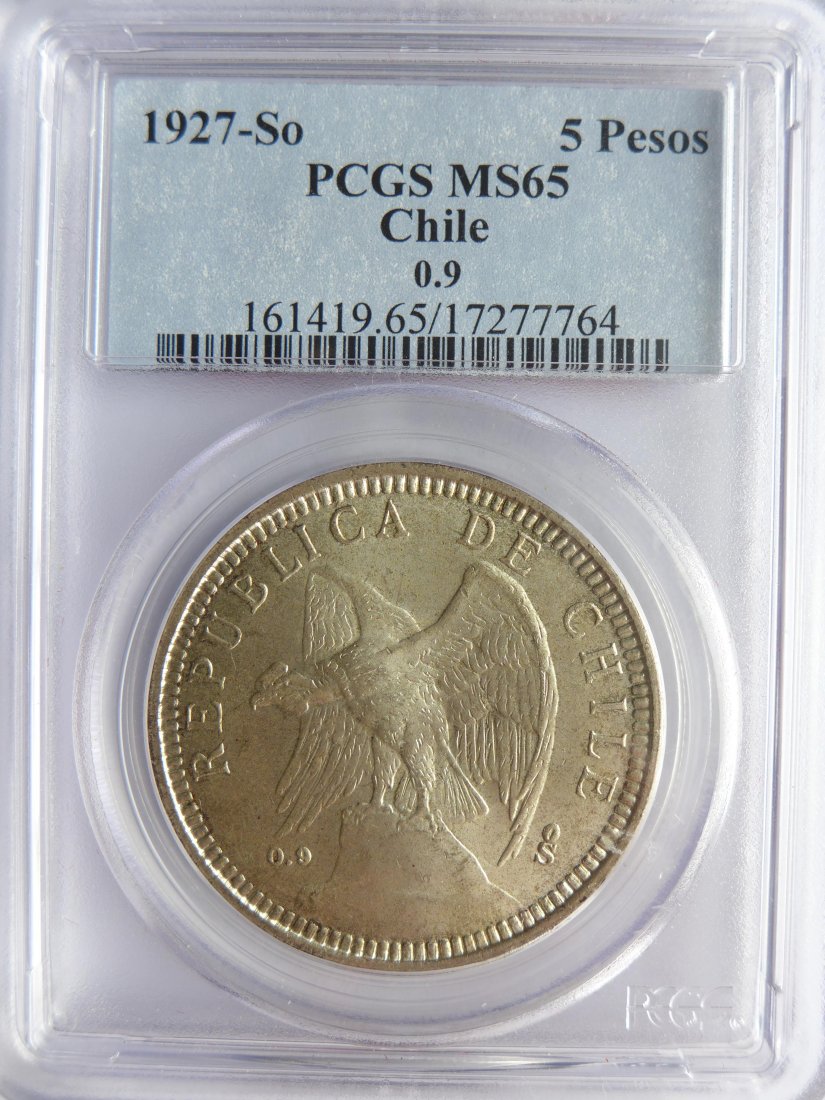 Chile: Republic / 1818 - / 5 Pesos / 1927 So / Silver / 25 g / KM 173.2