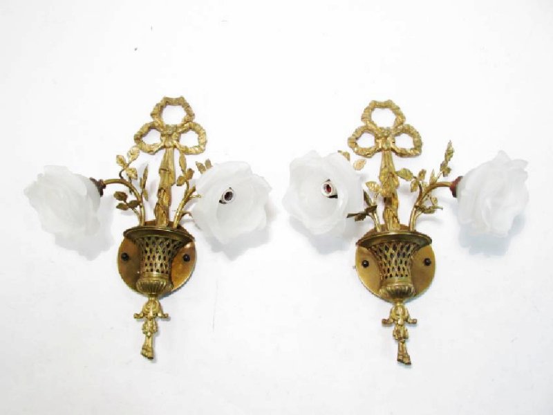 PAIR ANTIQUE GILDED BRONZE & GLASS WALL SCONCES (1 of 12)