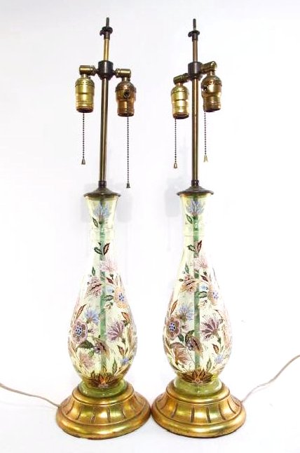 PAIR VINTAGE ENAMELED GLASS TABLE LAMPS (1 of 10)