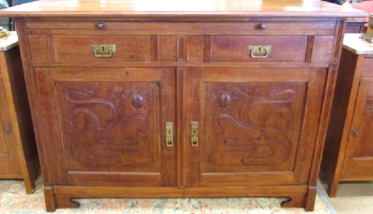 LARGE ART NOUVEAU CARVED WOOD SIDEBOARD CABINET (1 of 8)
