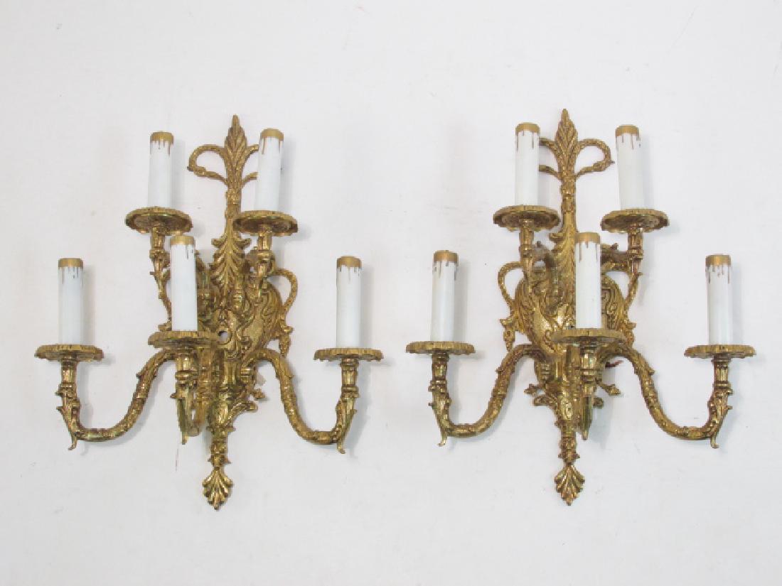PAIR FRENCH GILDED BRONZE FIVE LIGHT WALL SCONCES (1 of 9)