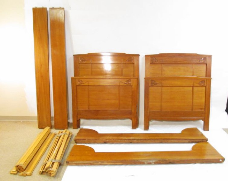 PAIR ART NOUVEAU CARVED CHERRY TWIN BED FRAMES (1 of 9)