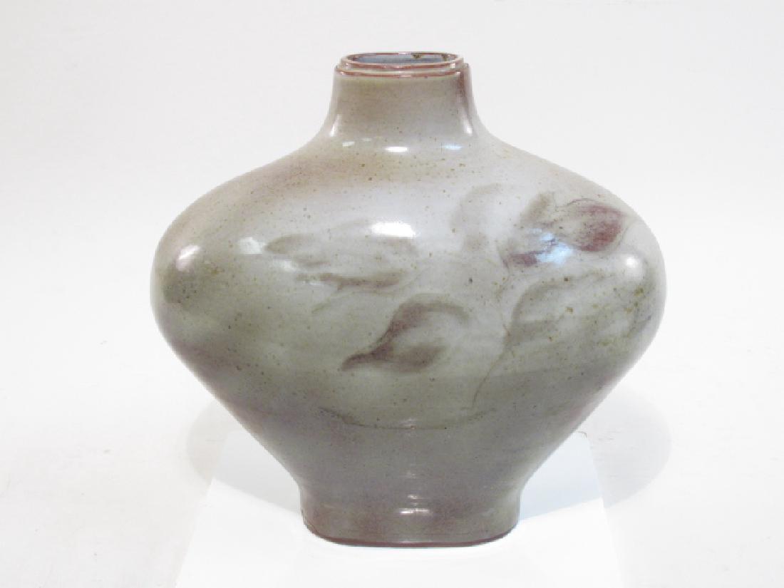 MID CENTURY POTTERY VASE BY FRANCINE DEL PIERRE: Vintage mid century glazed pottery vase by Francine Del Pierre. Marked along foot with circular mark. Measures 12.25" tall x 12.25" wide. Condition: repair to foot, see images. Weight: 4.2 lbs.