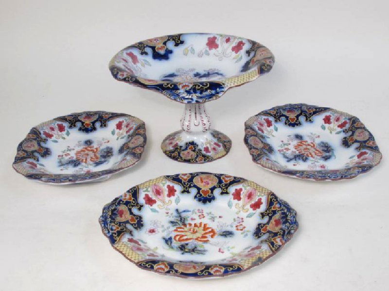 19TH C IRONSTONE MASON'S STYLE COMPOTE & DISHES 4P (1 of 10)