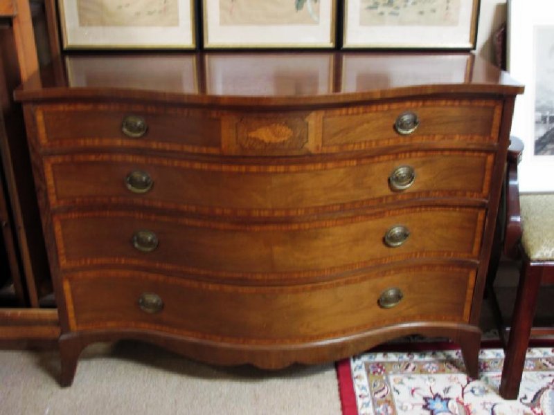 FANCHER FURNITURE CO. SERPENTINE FRONT CHEST OF DR: Fancher Furniture Co. Federal style serpentine front chest of drawers. Marquetry and parquetry inlaid on the front. Condition: minor signs of normal use and wear to finish, see images. Measures 34.75"