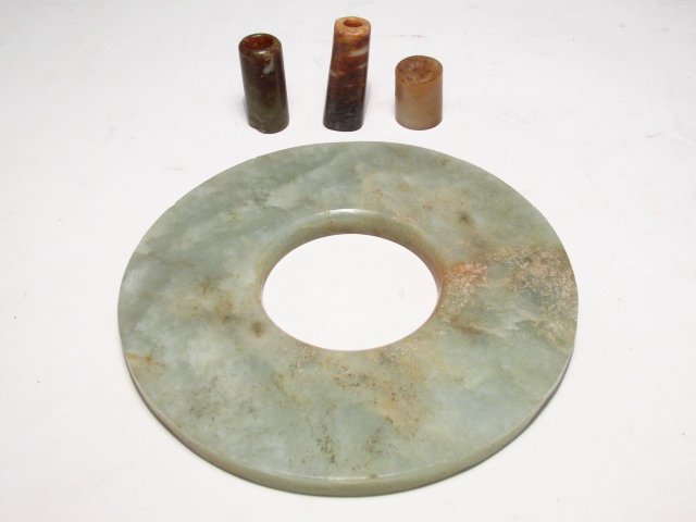 CHINESE CARVED JADE BI DISC & STONE CYLINDER BEADS (1 of 8)