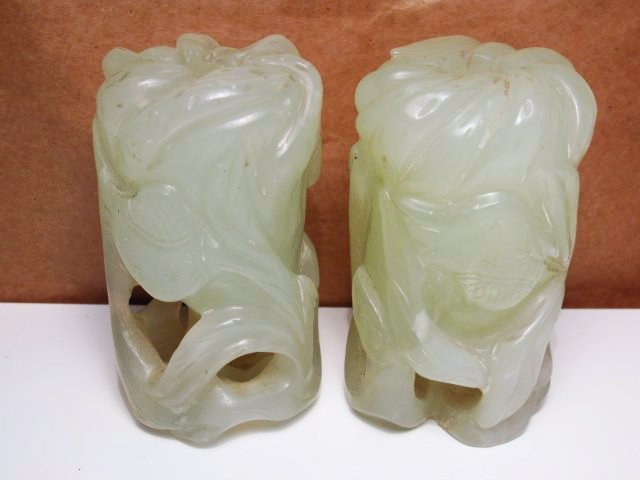 PAIR CHINESE CARVED CELEDON JADE CANDLEHOLDERS (1 of 9)