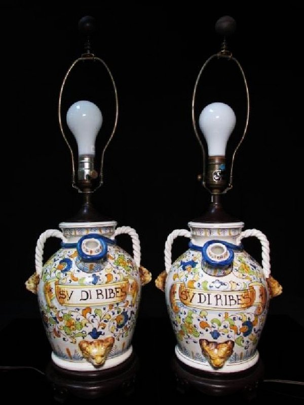 PAIR ITALIAN FAIENCE POTTERY TABLE LAMPS (1 of 10)
