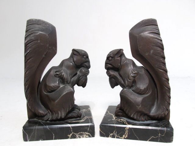 PAIR VINTAGE BRONZE & MARBLE SQUIRREL BOOKENDS (1 of 5)