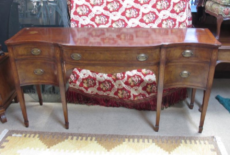 VINTAGE FEDERAL STYLE PARQUETRY INLAID SIDEBOARD: Vintage Federal style parquetry inlaid sideboard cabinet measuring 35.5" tall x 72.5" wide x 23" deep. Condition: damage where brass backslash attached, backslash included and could be re-attached, se