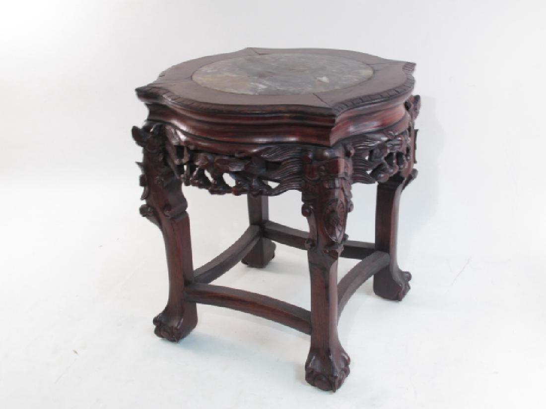 CHINESE CARVED ROSEWOOD & MARBLE GARDEN STOOL (1 of 8)