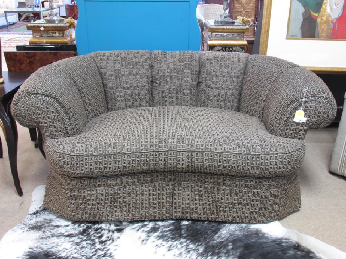 PAIR PEARSON GREEK KEY PATTERN LOVE SEATS SETTEES: Pair of Pearson Greek key pattern fabric uphjolstered loveseats or settees. Marked with Pearson tag under cushion. Each measures 29.5" tall x 67" wide and 40" deep. Condition: good, one loveseat has a