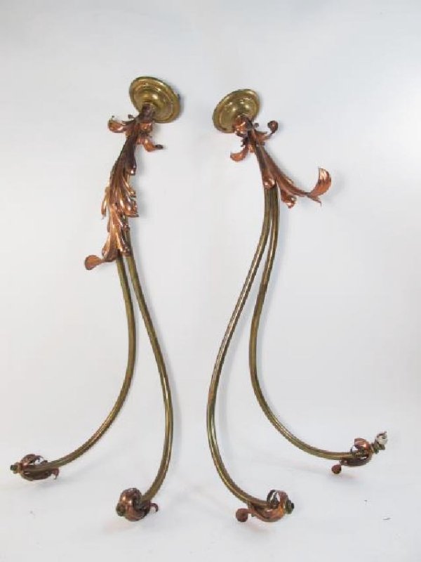 PAIR LARGE BRASS & COPPER TONED WALL SCONCES AS-IS (1 of 8)