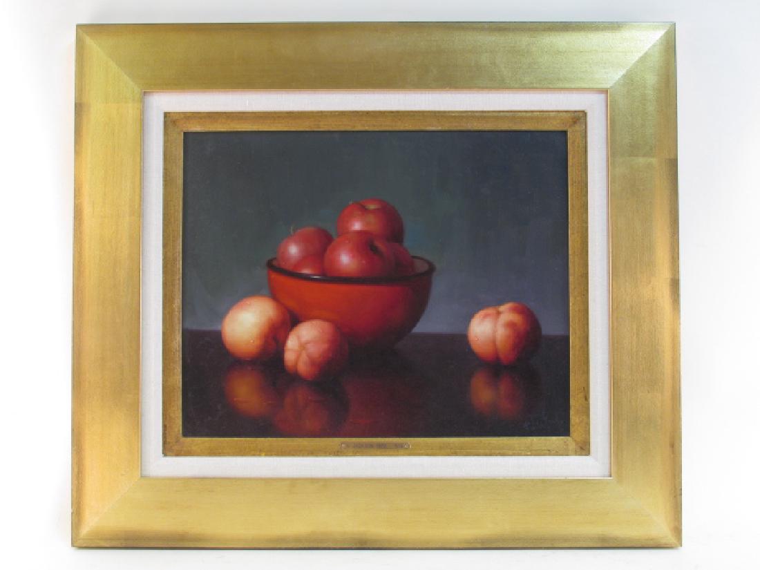 ALFRED JACKSON OIL ON CANVAS PAINTING NATURA MORTA: Alfred Jackson oil on canvas painting titled "Natura Morta". Depicts apples and peaches in a red bowl, signed lower right. Framed in wooden frame with gilt wood fillet. Measures 23" tall x 27" wide. C
