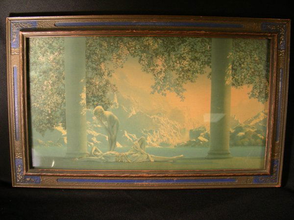 MAXFIELD PARRISH VINTAGE PRINT DAYBREAK: Lot 325: MAXFIELD PARRISH VINTAGE PRINT DAYBREAK - Bottom left corner reads, "The House of Art NY". Nice old period frame measures 23 3/4" wide by 12 3/4" tall. Print in good condition with some fadin
