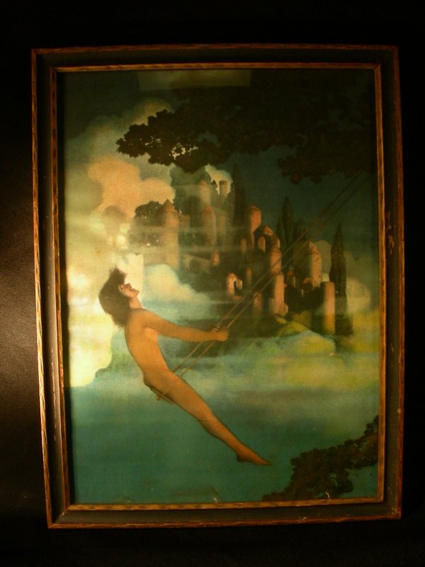 VINTAGE MAXFIELD PARRISH DICKEY BIRD PRINT: Lot 326: VINTAGE MAXFIELD PARRISH DICKEY BIRD PRINT - Marked "M. P." lower right corner. Measures 16" tall by 12" wide framed. Small water stain to lower middle, some ripples, small loss to upper left