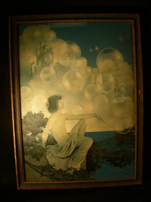 VINTAGE MAXFIELD PARRISH AIR CASTLES PRINT: Lot 327: VINTAGE MAXFIELD PARRISH AIR CASTLES PRINT - No apparent signature or markings. Print measures 17 1/4" tall by 12 3/4" wide . Small tears along right edge, water stain upper left area, two sl