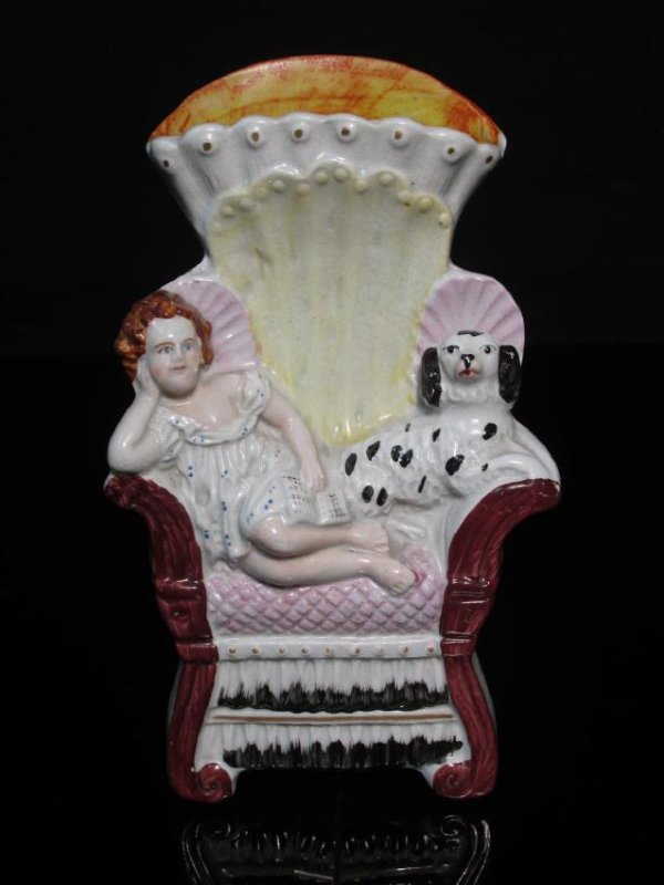 19TH C STAFFORDSHIRE GIRL & DOG SEATED IN CHAIR (1 of 6)