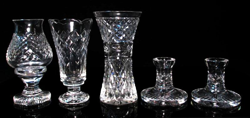 FIVE WATERFORD CUT CRYSTAL TABLEWARES: VASE, ETC. (1 of 7)