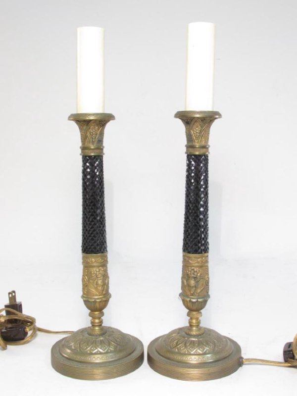 PAIR AUSTRIAN BRONZE & DEEP AMETHYST GLASS LAMPS (1 of 10)