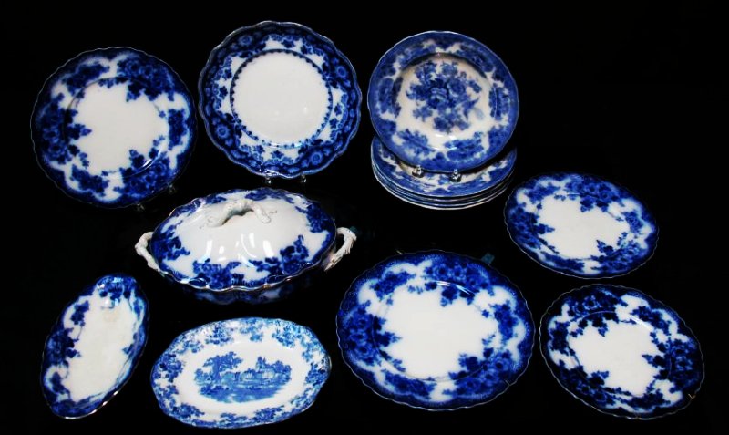 ASSORTED FLOW BLUE CERAMICS: PLATES, TUREEN, ETC. (1 of 10)