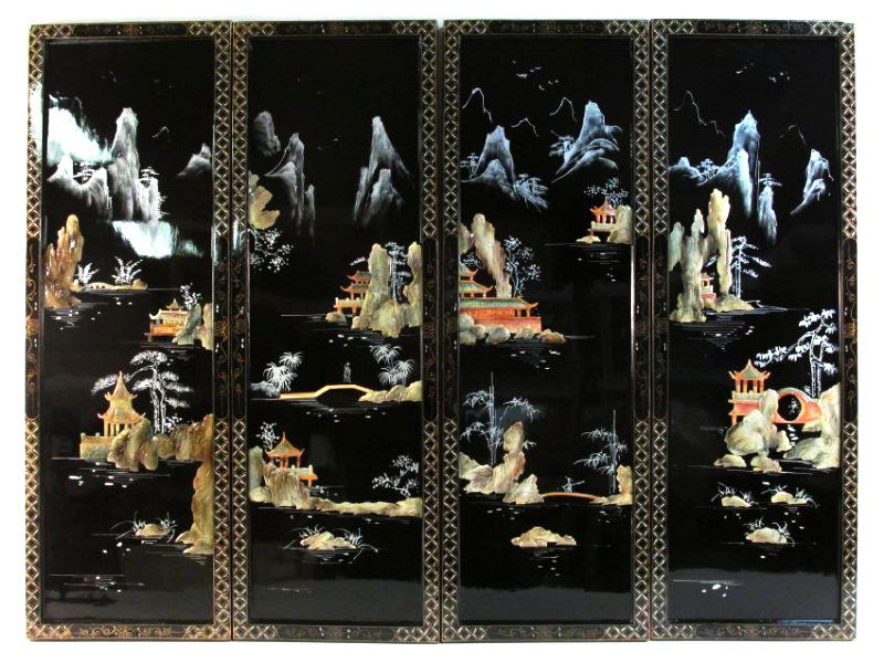 FOUR CHINESE BLACK LACQUER AND STONE WALL PANELS (1 of 7)