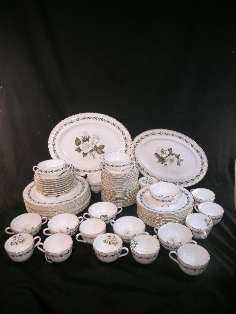 ROYAL WORCESTER ENGADINE BONE CHINA DINNERWARE 74: Group consists of 11 saucers 5 5/8" wide, 11 plates 8 1/4" wide, 10 plates 10 1/2" wide, 8 soups 4 1/4" wide, 9 soup saucers 6" wide, 12 plates 6 1/4" wide, 1 platter 13 1/2" wide, 1 platter 15 3/4" w